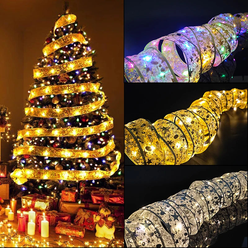 Christmas tree adorned with glowing gold ribbon lights, surrounded by gifts and candles. Insets show different close-up designs of illuminated ribbon in assorted colors.