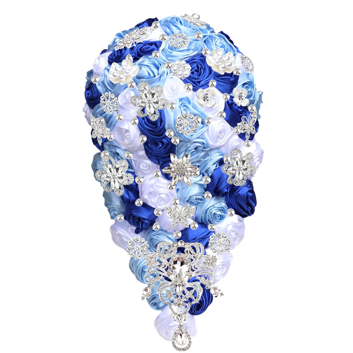 Bouquet of blue and white satin roses adorned with silver rhinestone flowers and pearls, arranged in a teardrop shape, creating an elegant and sparkling visual effect.