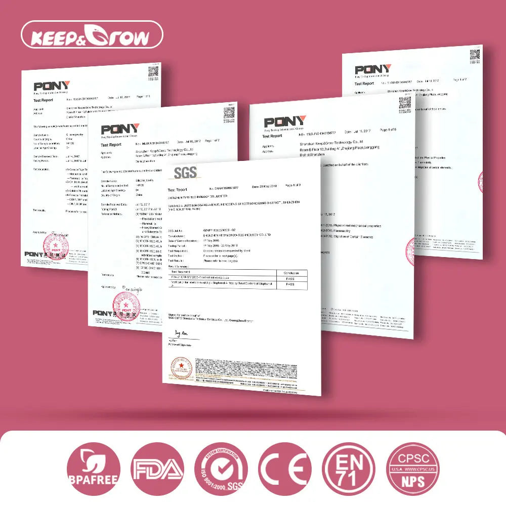 Five product test reports with red seals are displayed on a pink background. Below are icons indicating BPA-free, FDA, SGS, CE, EN71, and CPSC certifications.