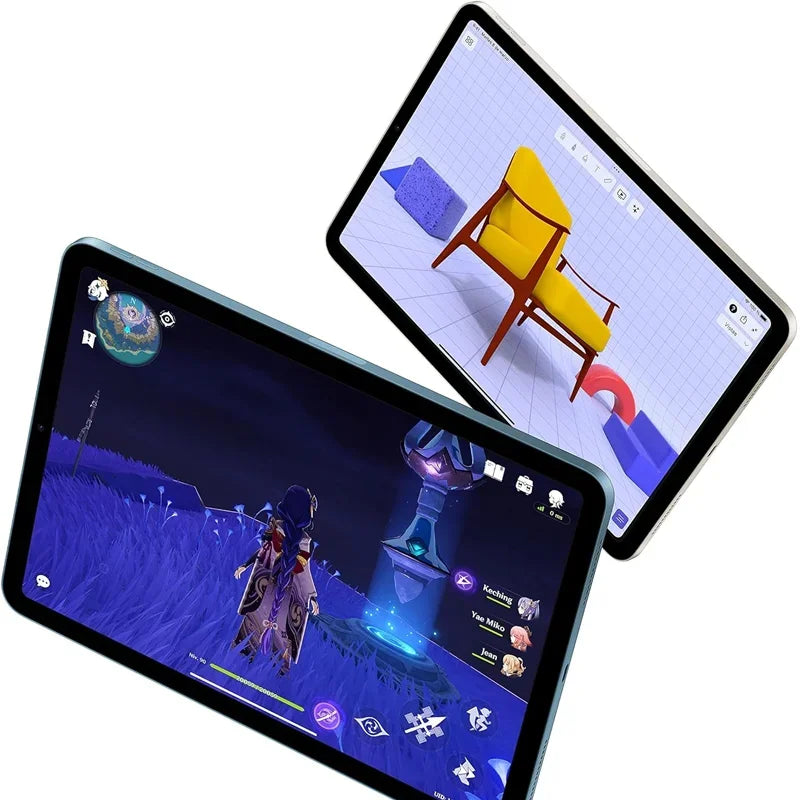 Two tablets displaying different screens; the first shows a 3D design app with a yellow chair, and the second displays a video game featuring a character in a purple landscape.