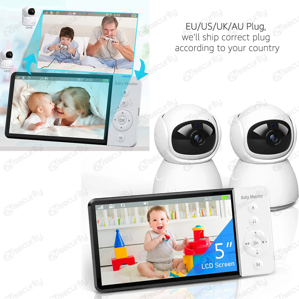 Baby monitor system with two cameras and a 5-inch LCD screen. Screen shows baby playing with toys and a parent with child. Includes remote with various control buttons.
