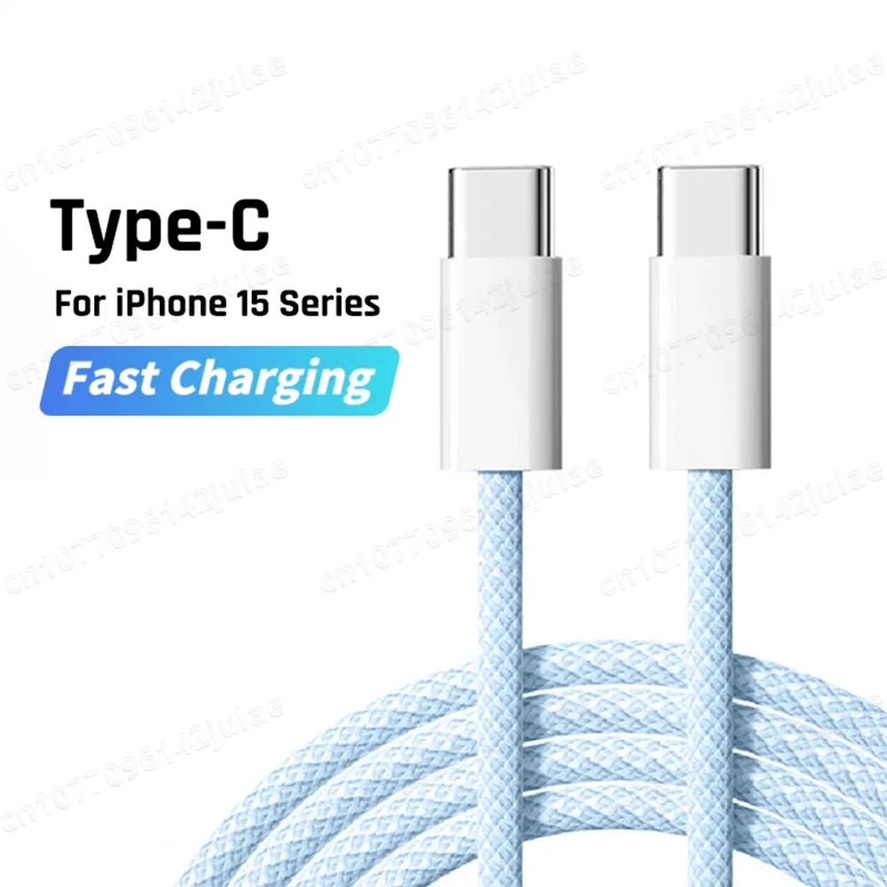 Type-C fast charging cable for iPhone 15 series, featuring light blue braided design and white connectors. Text highlights compatibility and fast charging capability.