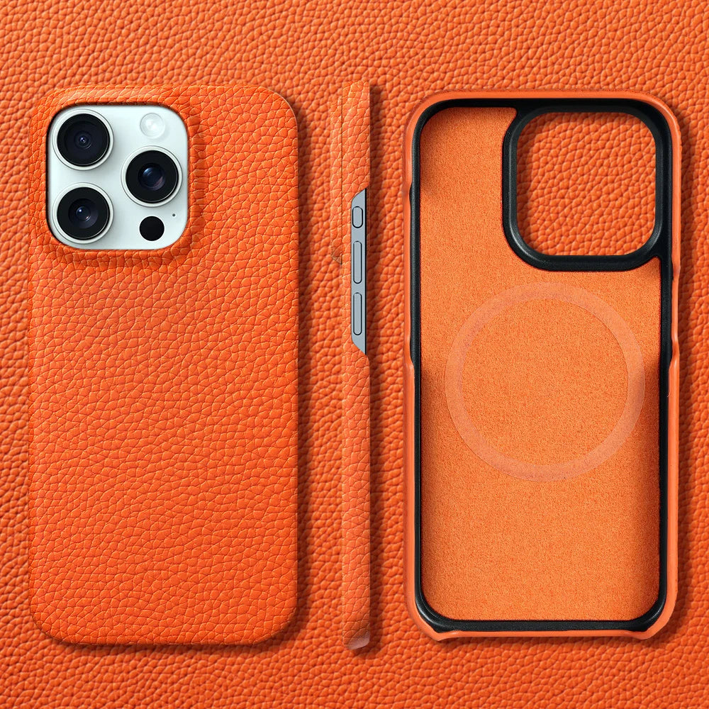 Orange textured phone case displayed in three views: back with cutout for camera, side showing buttons, and interior with MagSafe ring, all on matching textured surface.