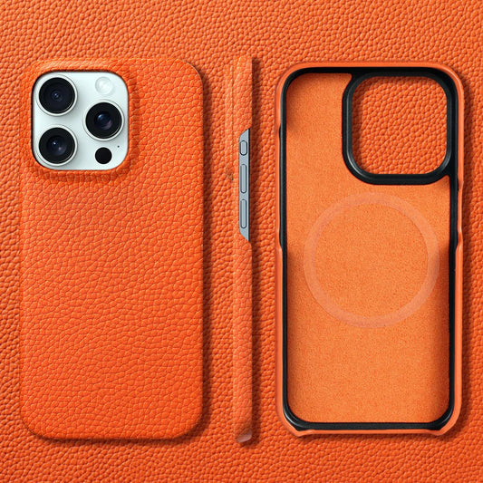 Orange textured phone case displayed in three views: back with cutout for camera, side showing buttons, and interior with MagSafe ring, all on matching textured surface.