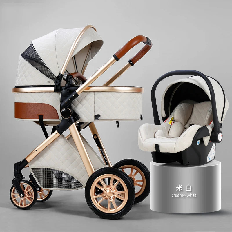 Creamy-white baby stroller with a quilted design, leather handle, and gold frame next to a matching infant car seat on a display pedestal.