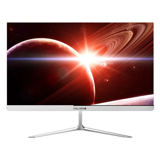 Ultrathin monitor with a space-themed wallpaper showing a glowing planet and rings, set against a starry background. The monitor has a sleek silver stand.