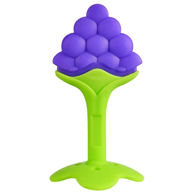 Purple grape-shaped silicone teether with a green stem and base, designed for babies to grasp and chew, offering soothing relief for teething discomfort.