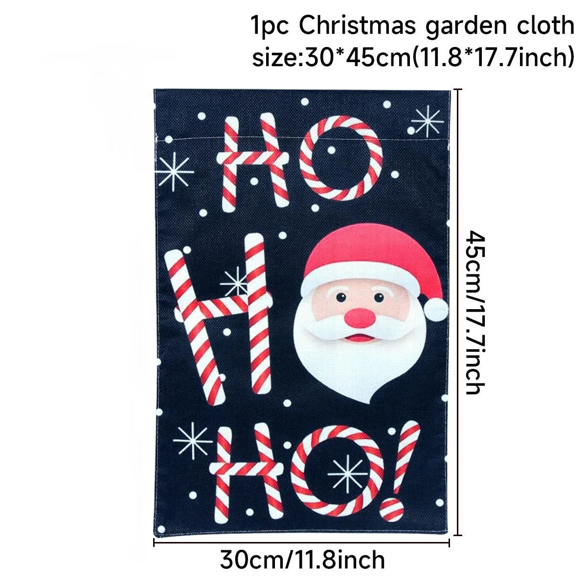 Christmas garden cloth with "HO HO HO" in candy cane letters and Santa face, surrounded by snowflakes. Size: 30x45cm (11.8x17.7 inches).