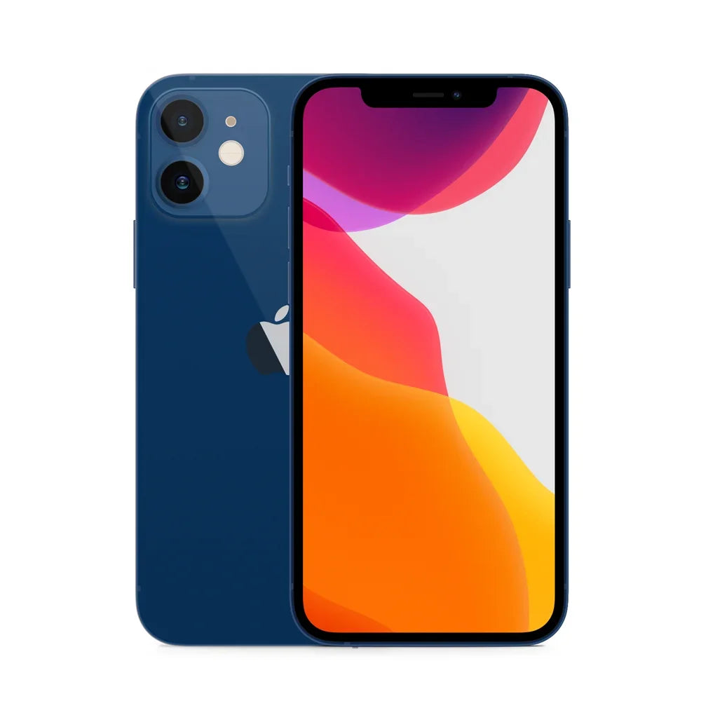 Blue smartphone with dual rear cameras and a vibrant display featuring abstract colors in shades of red, pink, and orange. Apple logo visible on the back.