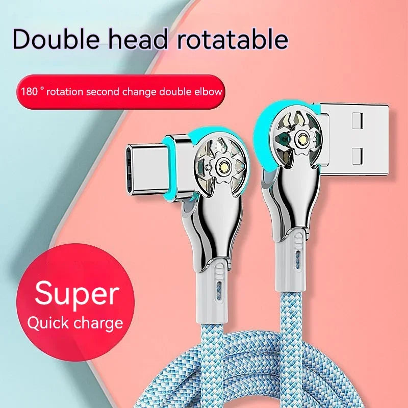 Rotatable charging cable with dual heads, USB, and USB-C, featuring a 180-degree rotation and a braided blue and white cord. Text highlights "Super Quick Charge."