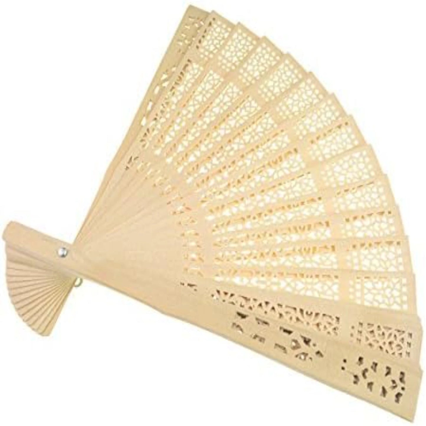 A beige hand fan with intricate cut-out patterns on each segment, splayed open.