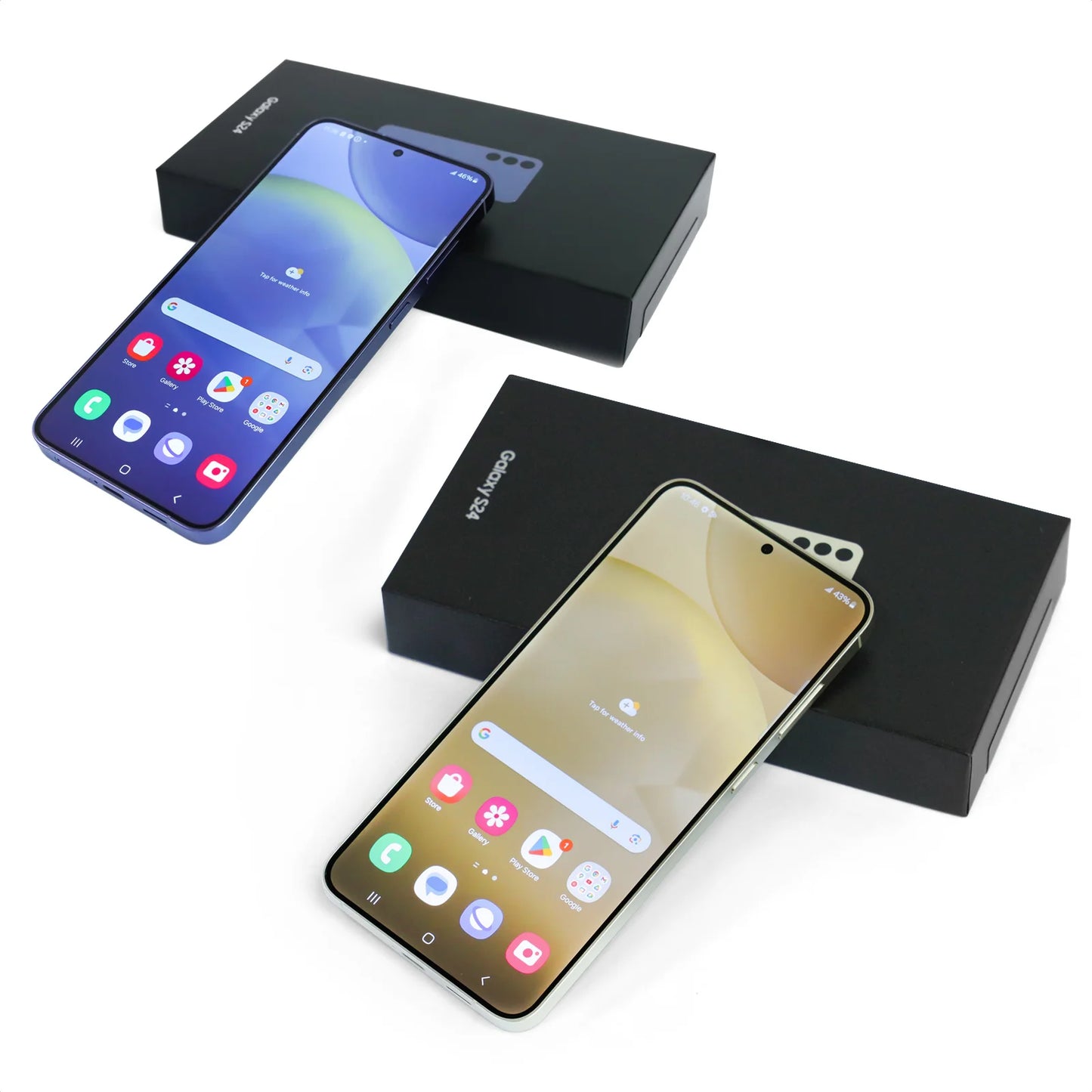 Two smartphones with colorful displays are placed on their respective black boxes. Each screen shows app icons and a wallpaper. Boxes display text, indicating model names.