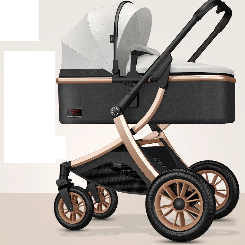 A modern baby stroller with a sleek black and gold frame, white canopy, and four sturdy wheels. The design combines luxury and functionality for easy maneuverability.