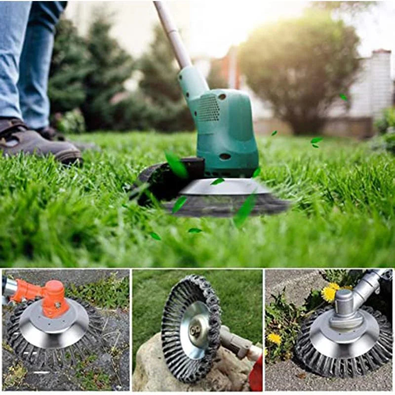 A person uses an electric grass trimmer on a lawn. Below, three close-ups show different trimmer blades: for edging, rock surface, and weed cutting on pavement.