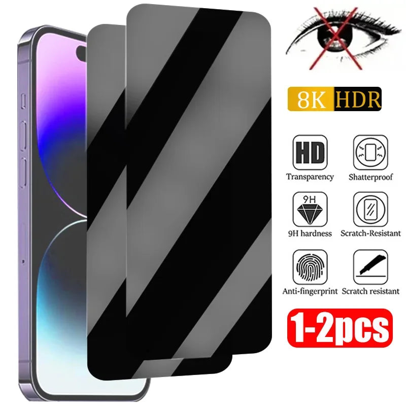 Screen protector for smartphone with privacy filter, 9H hardness, anti-fingerprint, shatterproof features, and scratch resistance. Includes 1-2 pieces with 8K HDR support.