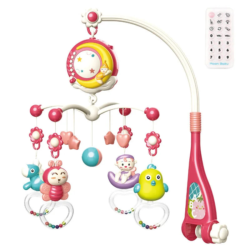 Colorful baby crib mobile with hanging toys, including animals and stars, on a curved arm. Features a remote control.