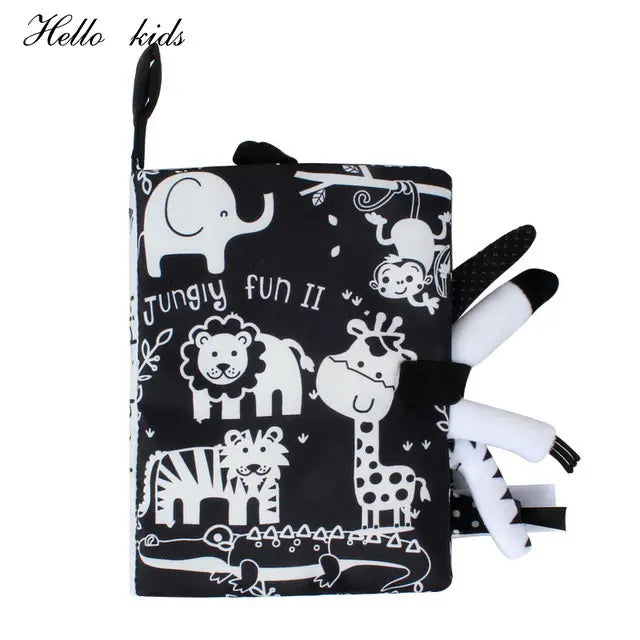 Black and white children's cloth book titled "Jungly Fun II," featuring illustrated jungle animals like an elephant, lion, giraffe, and zebra with sensory elements on the side.