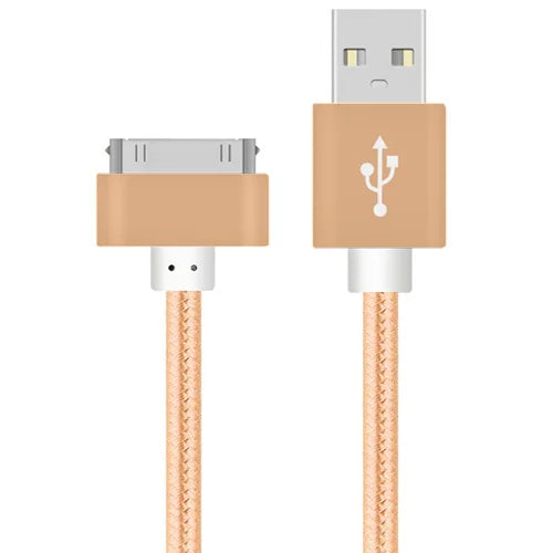 Braided beige cable with USB and 30-pin connectors. The USB end shows a clear icon, while the 30-pin fits older devices. The texture adds durability and style.