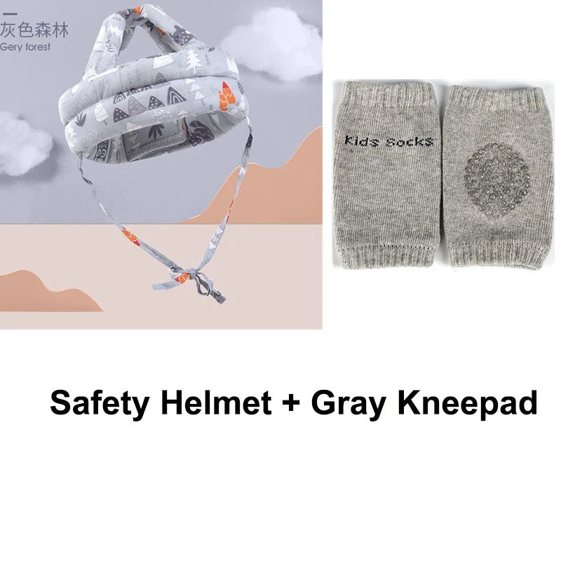 Gray patterned infant safety helmet and a pair of gray padded kneepads with "kids socks" text, both designed for protection, displayed on a simple background.