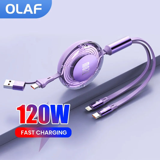 Purple retractable 120W fast-charging cable with USB and dual connectors. Text reads "FAST CHARGING" on a sleek, modern design. Branding "OLAF" in the top corner.