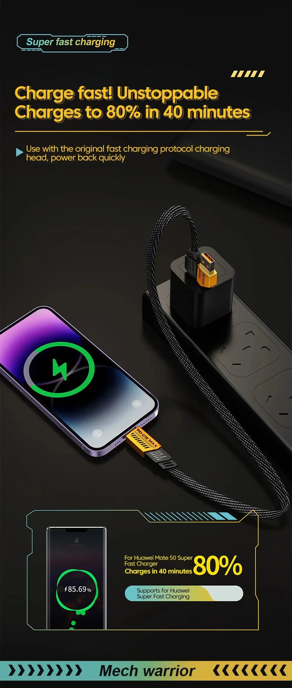 Smartphone connected to a black fast charger with a braided cable, promising 80% charge in 40 minutes. Text highlights fast charging capability for Huawei devices.