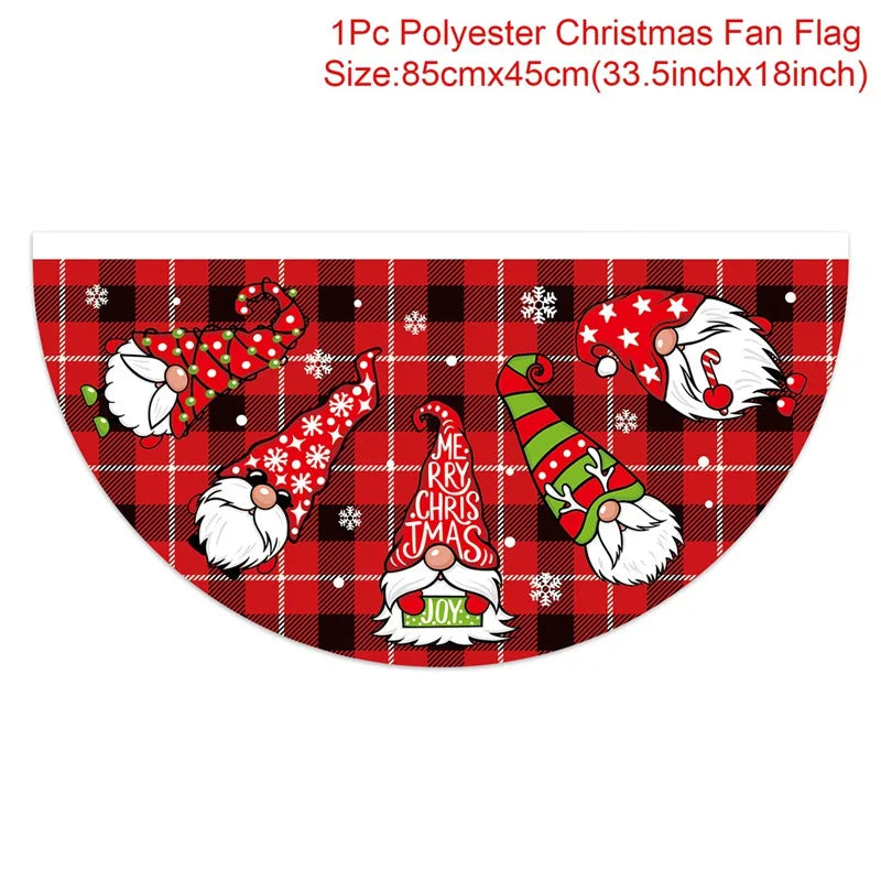 Half-circle plaid Christmas fan flag with gnomes in festive attire, snowflakes, and "Merry Christmas Joy" text. Size is 85cm x 45cm.