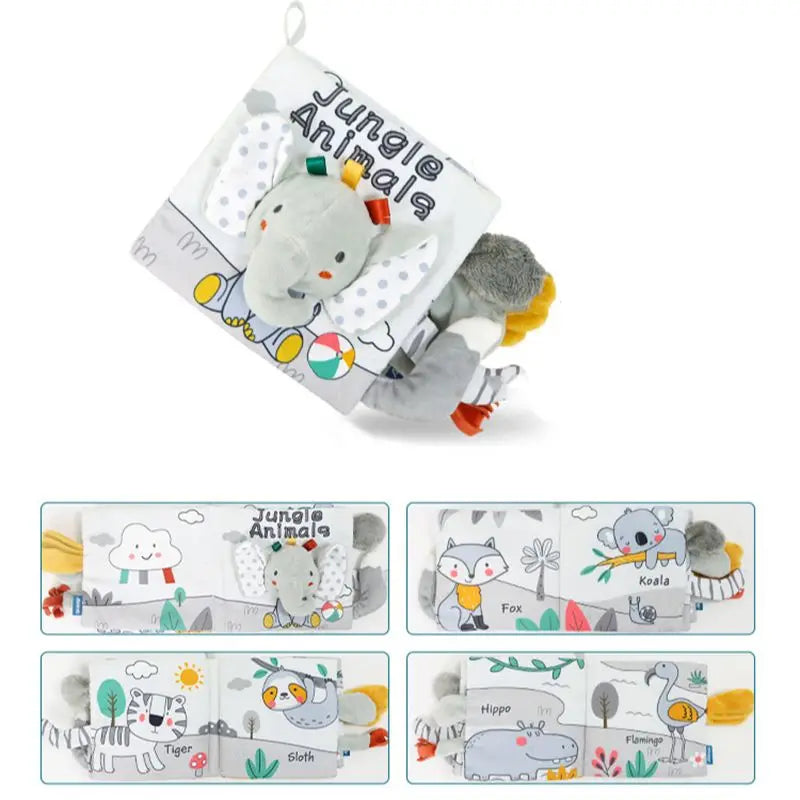 Soft fabric baby book titled "Jungle Animals" with elephant plush cover. Inside pages feature cute illustrations of a tiger, sloth, hippo, flamingo, koala, and fox.