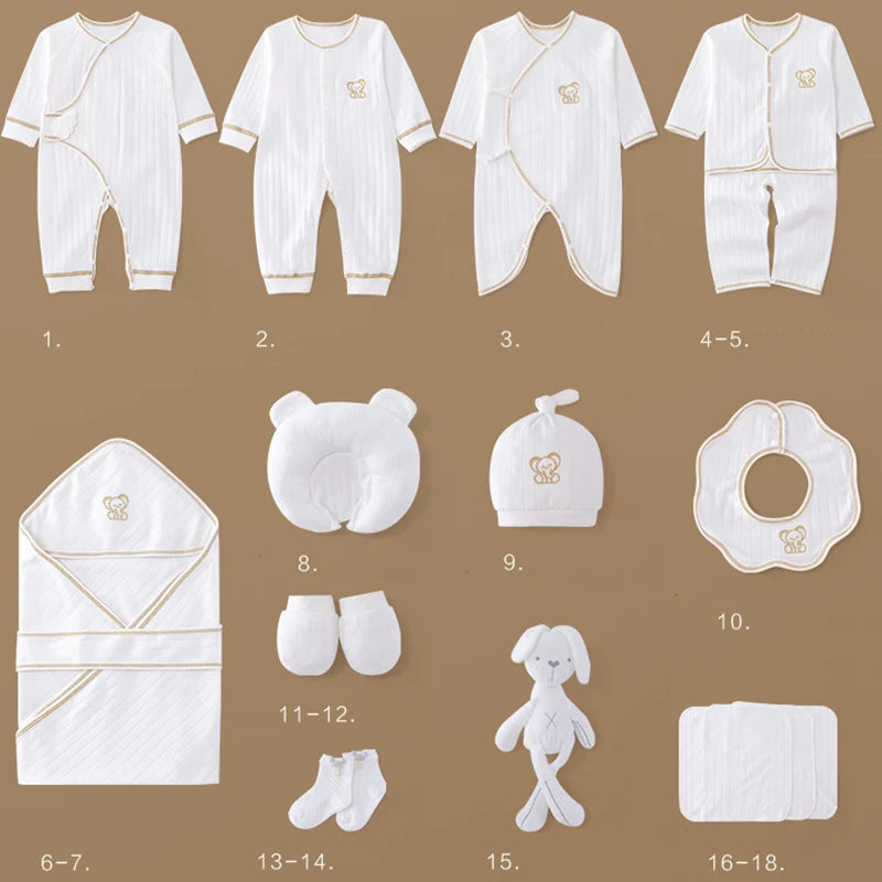 A collection of baby essentials including onesies, mittens, a beanie, a bib, swaddles, a teddy pillow, socks, and a plush toy, all in white with gold trim on a brown background.