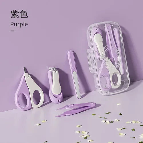 Purple manicure set including scissors, nail clippers, file, tweezers, and a clear case, arranged against a matching purple background with small white and gold paper pieces.