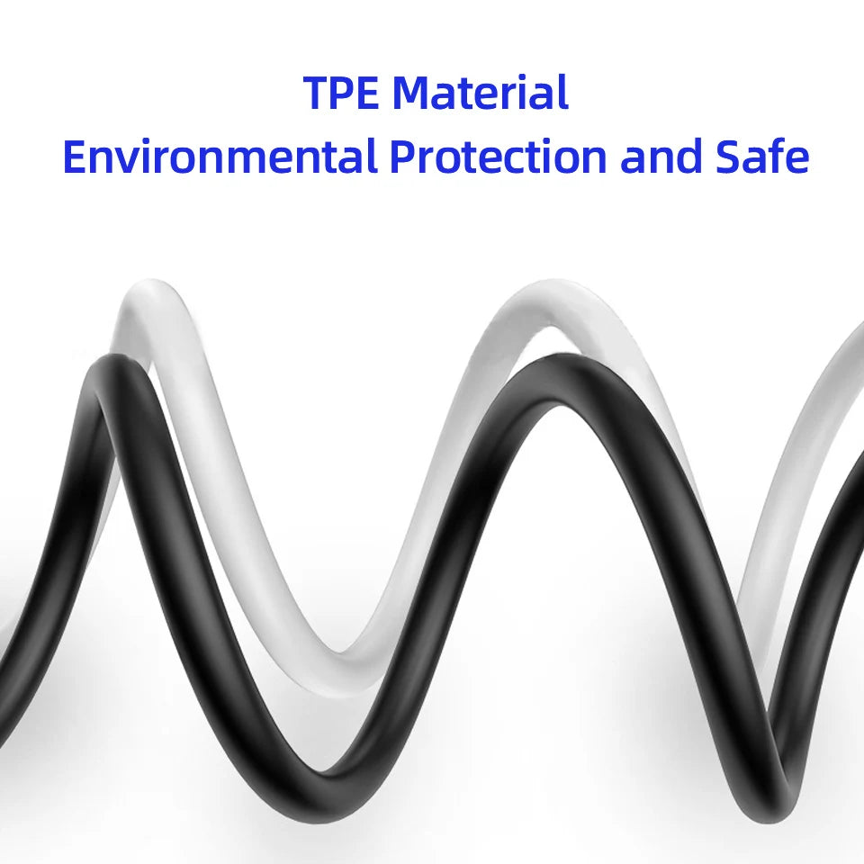 Black and white wavy TPE material lines on a white background with text above reading "TPE Material, Environmental Protection and Safe" in blue.