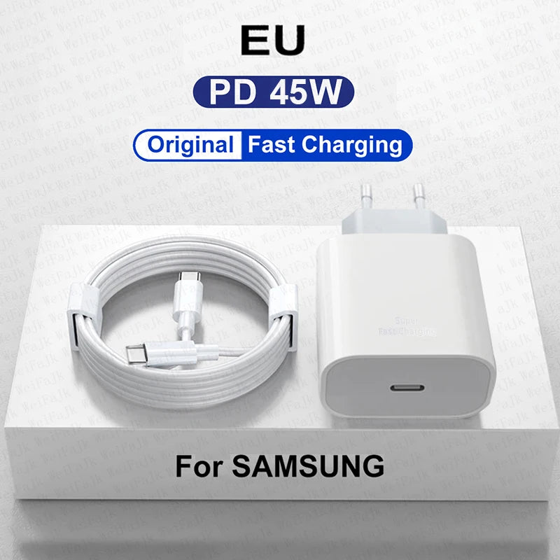 EU charger set featuring a white 45W USB-C PD fast charger and matching cable, designed for Samsung devices. Includes "Original Fast Charging" label on packaging.