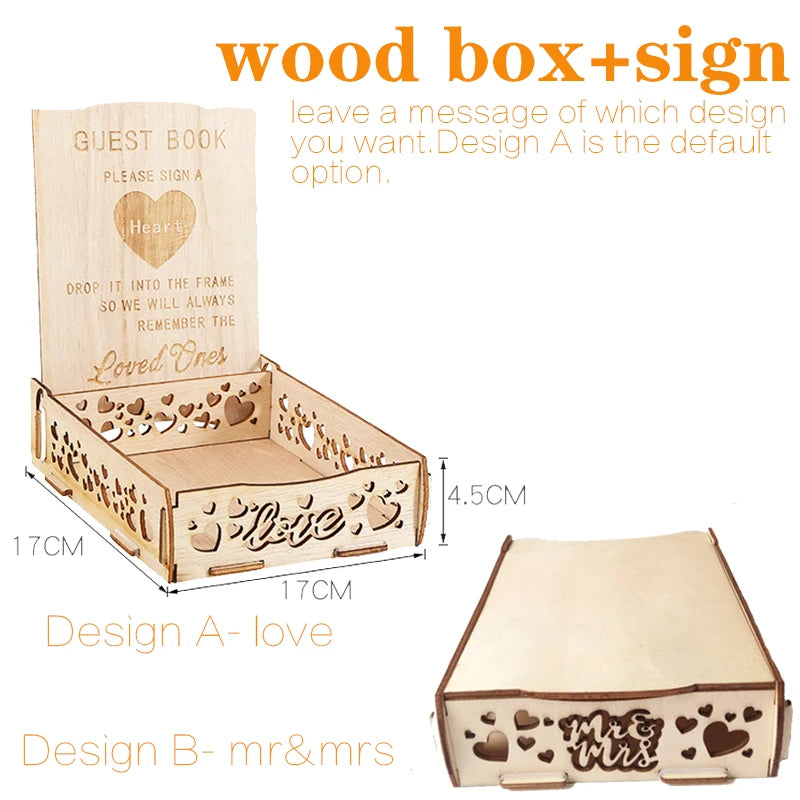 Wooden guest book box with heart and floral cutouts. Two designs: "love" and "mr & mrs". Dimensions 17x17x4.5 cm. Text prompts message customization, default is Design A.