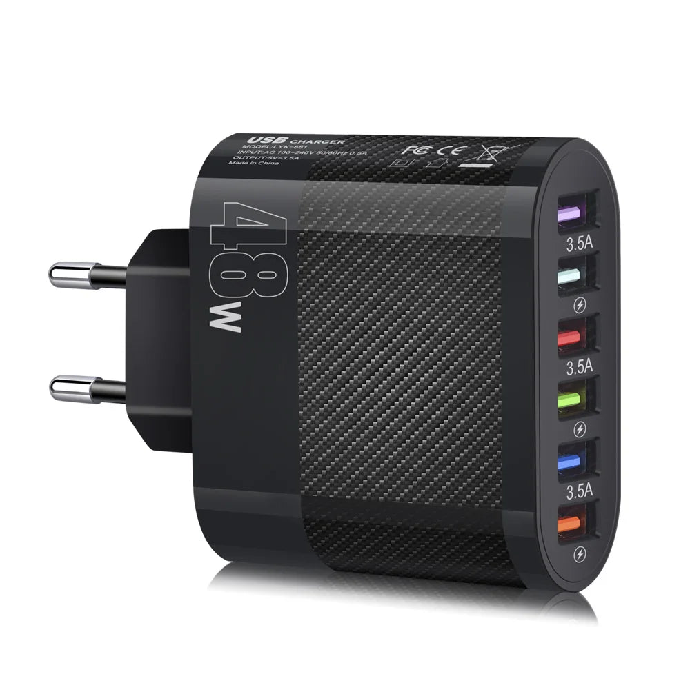 Black USB wall charger with five colorful USB ports, marked 3.5A each, and "48W" on its side. The charger features a European plug with a sleek, glossy finish.