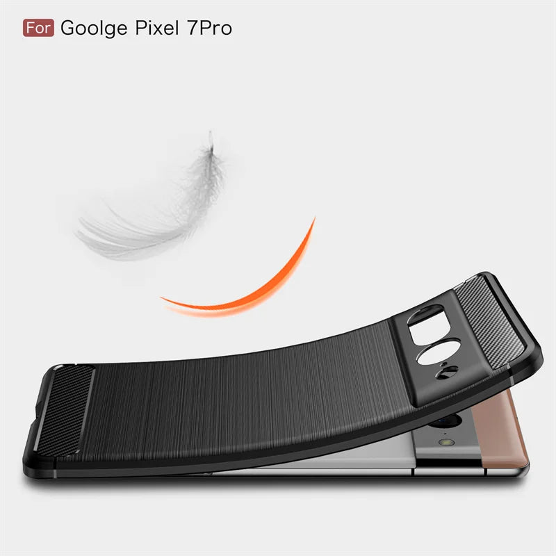 Flexible black case designed for Google Pixel 7 Pro, shown bending over the phone with a feather and orange arc, illustrating lightweight and sleek design.