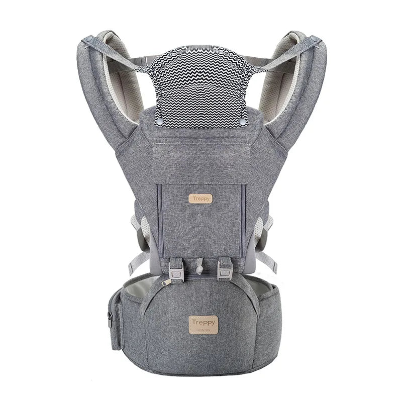 Gray ergonomic baby carrier with adjustable straps and a front pocket. The fabric features a subtle patterned hood and breathable mesh sides for comfort and support.