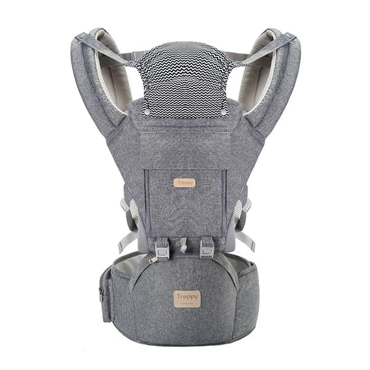 Gray ergonomic baby carrier with adjustable straps and a front pocket. The fabric features a subtle patterned hood and breathable mesh sides for comfort and support.