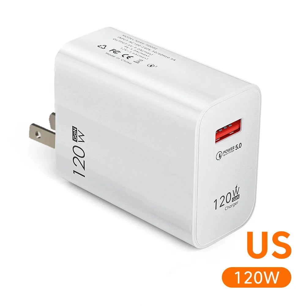 White 120W USB wall charger with US plug, featuring a single USB port. Labeled with power specifications and certifications, suitable for high-speed charging.