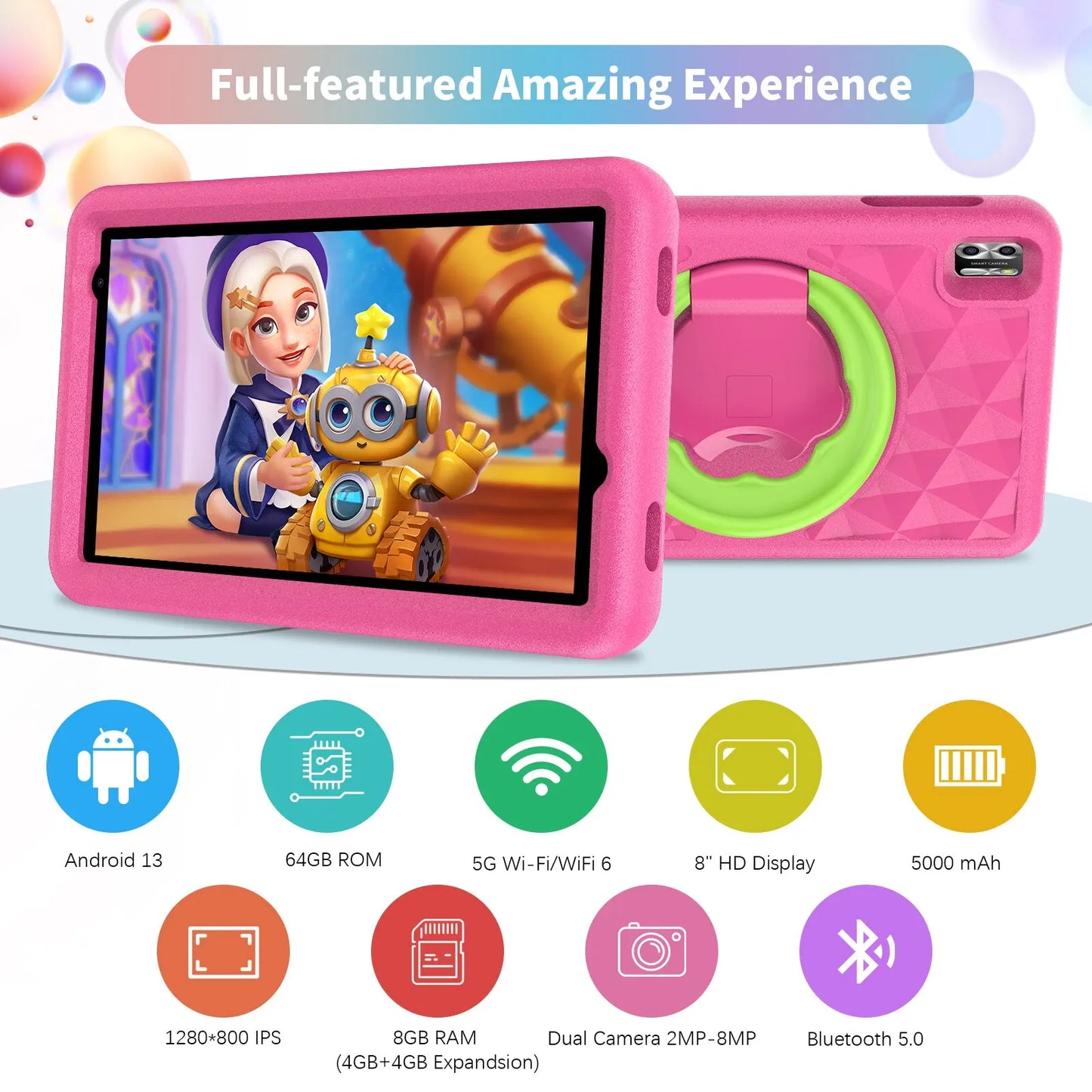 Pink tablet with an 8" HD display showing a cartoon. Features include Android 13, 64GB ROM, 8GB RAM, dual cameras, Bluetooth 5.0, and a 5000mAh battery.