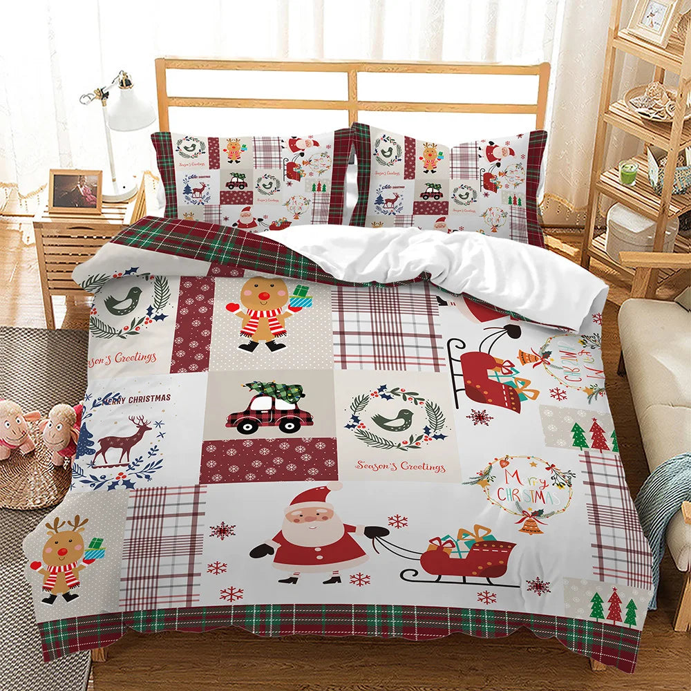 Festive Christmas bedding with patchwork designs, featuring Santa, reindeer, gingerbread men, and holiday themes. Plaid accents and holiday decor complete the cozy bedroom setup.