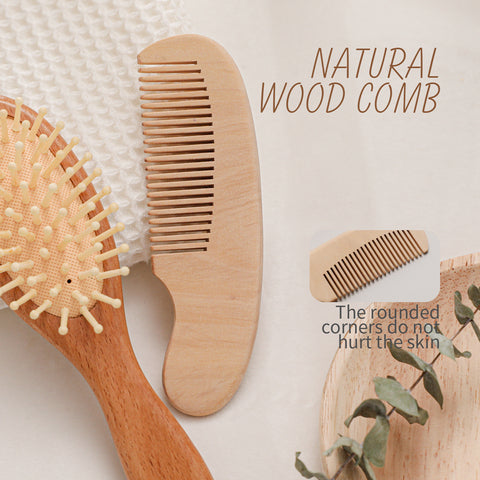Wooden comb with rounded corners beside a wooden brush on a textured cloth. Text reads, "Natural Wood Comb" and "The rounded corners do not hurt the skin," with eucalyptus nearby.