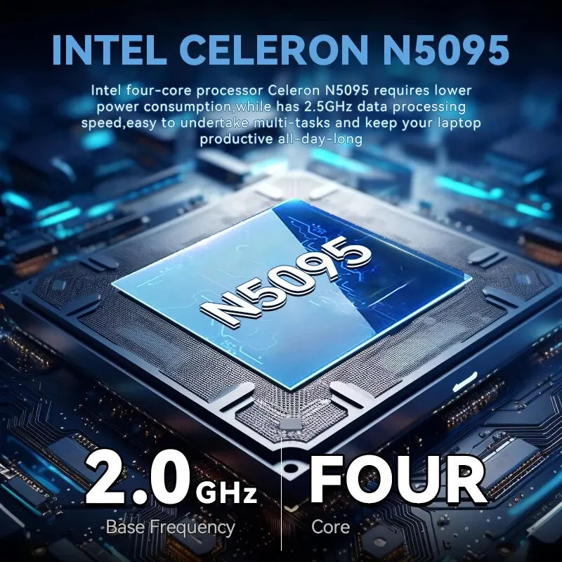 Intel Celeron N5095 processor image with specs: 2.0 GHz base frequency, four cores. Features low power consumption and 2.5GHz data processing speed for multitasking.