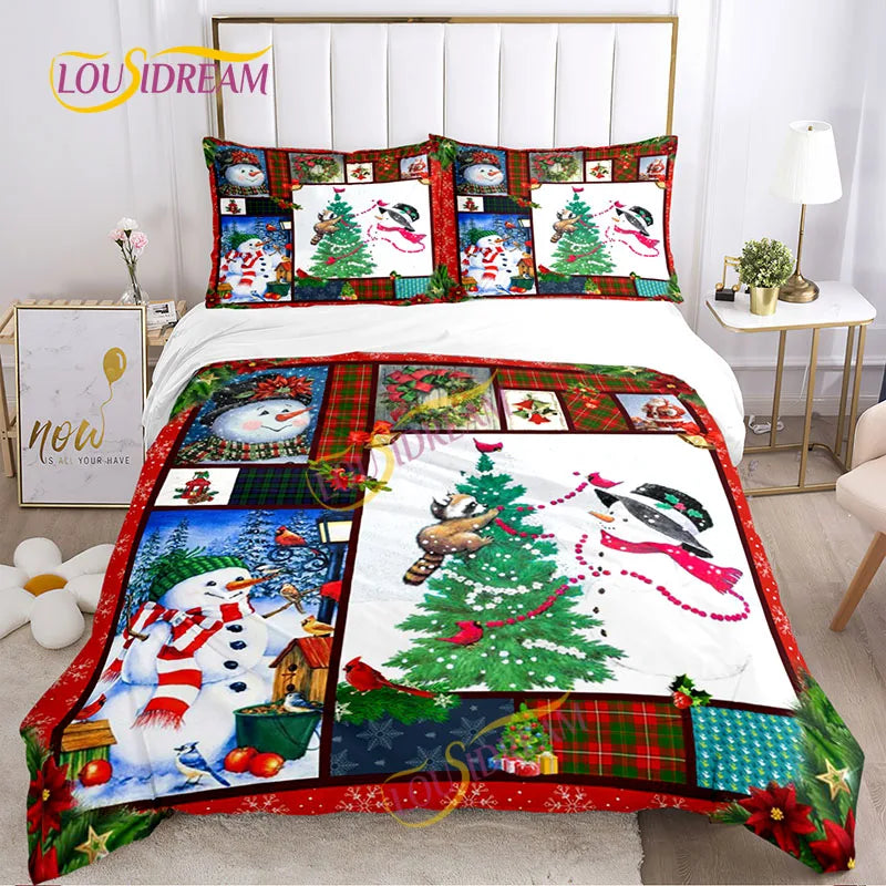 Festive bedding with snowmen, Christmas trees, and plaid patterns. Includes colorful images of snowmen with scarves, a decorated tree, and holiday details on a neatly made bed.