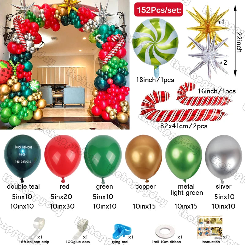 Festive balloon arch set with red, green, gold, and silver balloons, candy cane and peppermint designs, star accents, and included accessories for assembly, totaling 152 pieces.