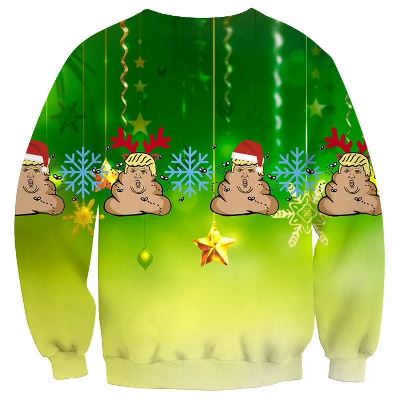 Green ugly Christmas sweater featuring cartoon poop emojis with blonde hair, wearing Santa hats and antlers, surrounded by blue snowflakes and hanging ornaments.