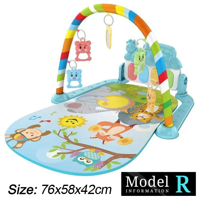 Colorful baby play mat with a striped arch featuring dangling toys and animal illustrations. Size: 76x58x42cm.
