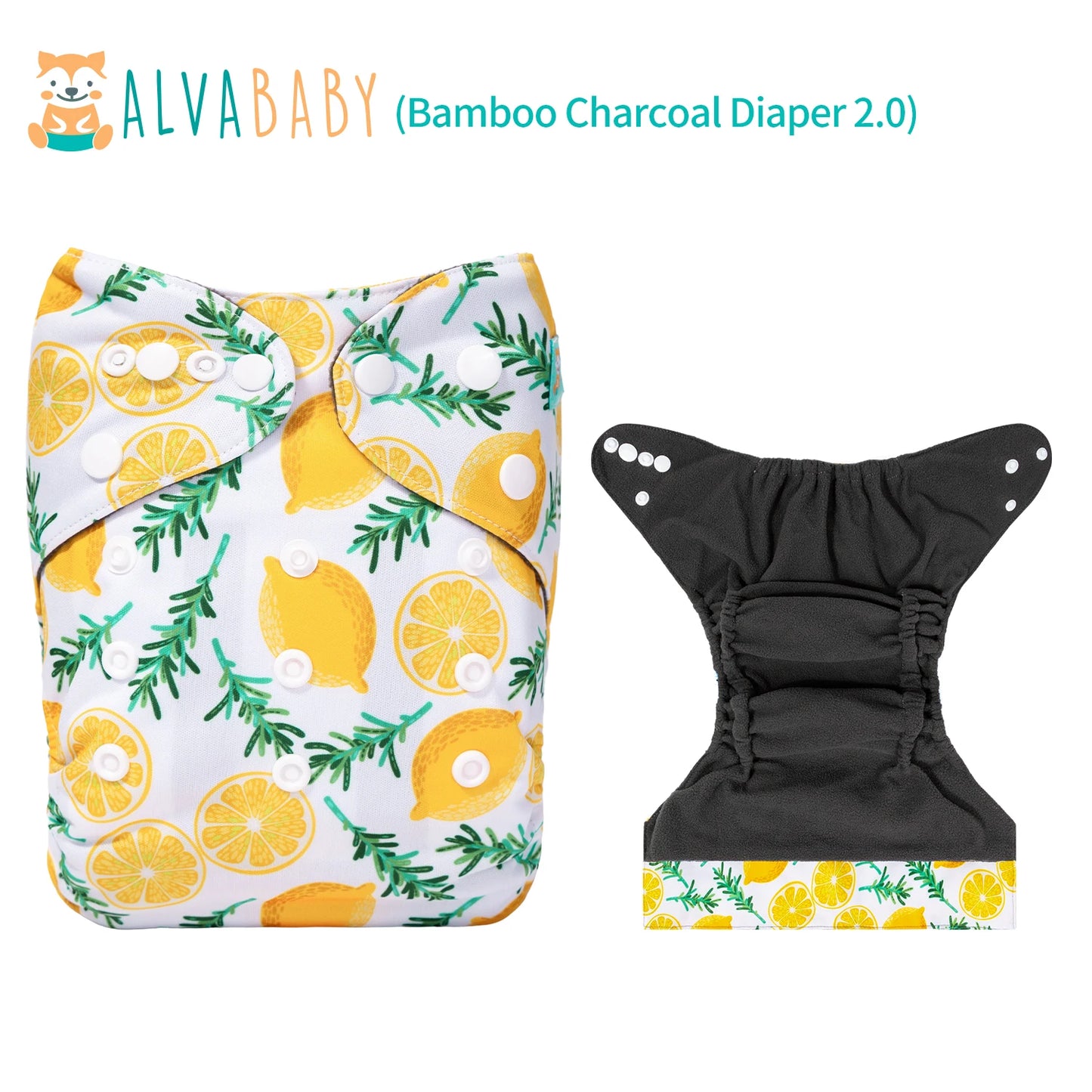Reusable diaper with lemon and leaf pattern, featuring adjustable white snaps. The interior is charcoal black for absorption. Text above reads “ALVABABY Bamboo Charcoal Diaper 2.0”.
