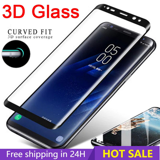 3D glass screen protector with curved fit for smartphones. The image highlights a phone with the protector applied and promotional text for free shipping in 24 hours and hot sale.