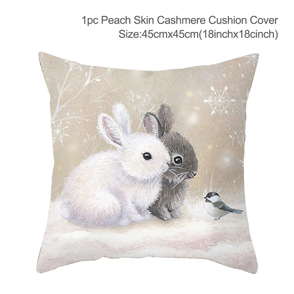 Cozy cushion cover with a winter design featuring a white and a brown bunny sitting closely, with snowflake patterns and a small bird nearby. Size: 45cm x 45cm.