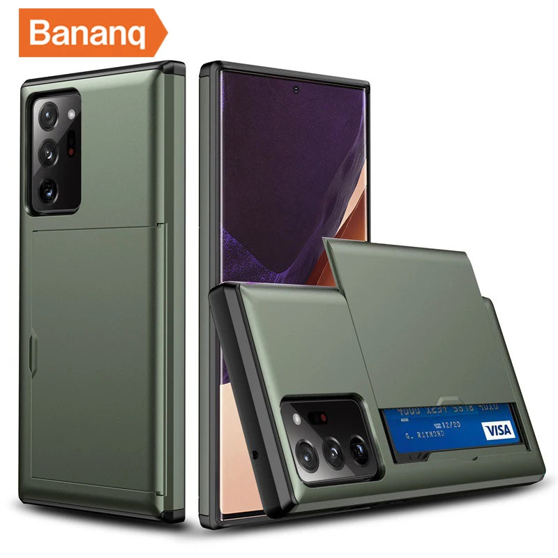 Green smartphone case showing front and back views. Features a sliding card holder with a blue Visa card inside. The case design is sleek and protective.