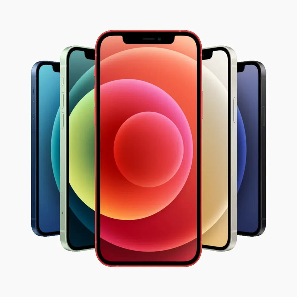 Five smartphones displayed in a fan arrangement, each with different colors: red, blue, green, white, and black. The center phone showcases a vibrant, abstract wallpaper.